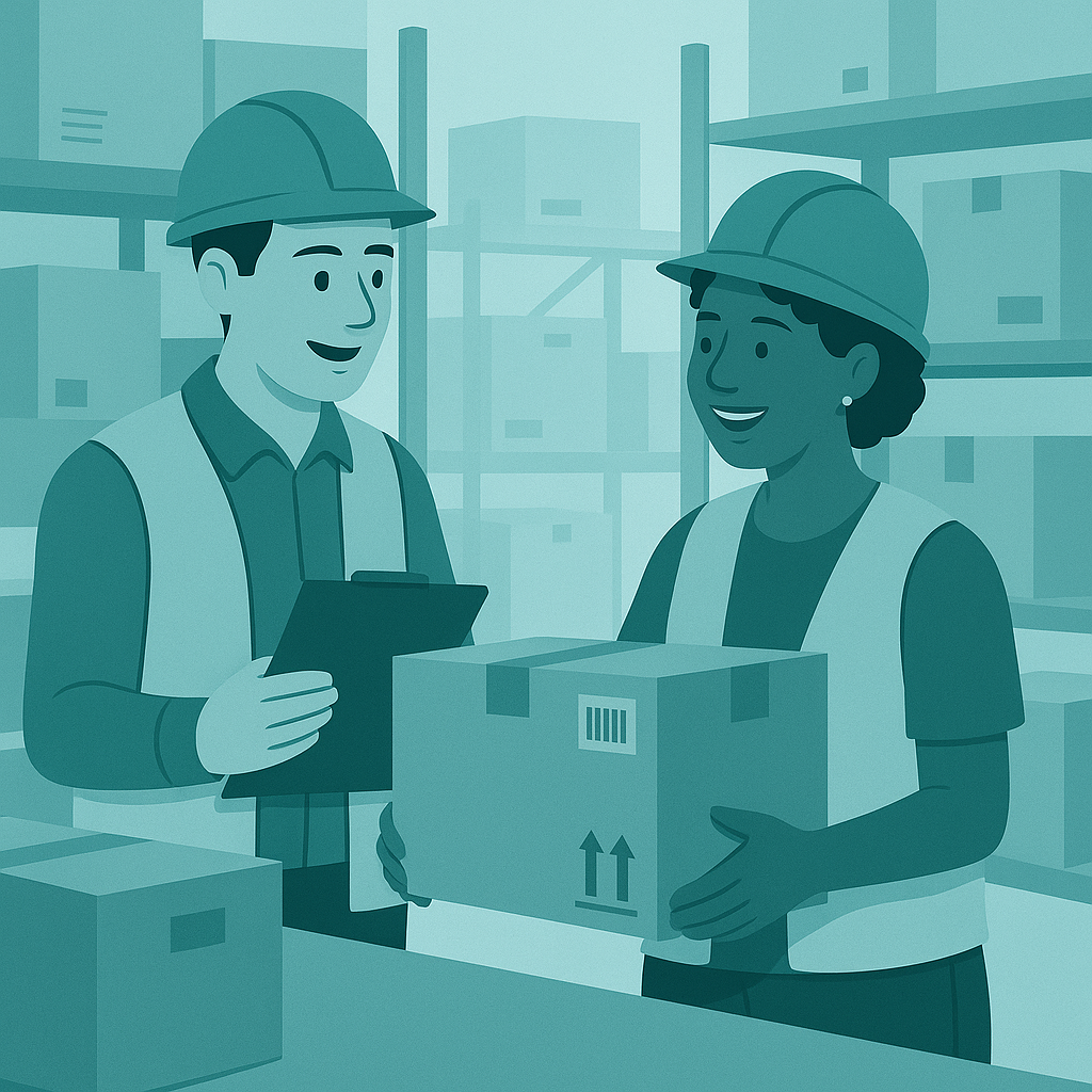 Two warehouse workers of different ethnicities, backgrounds and gender collaborating at work.
