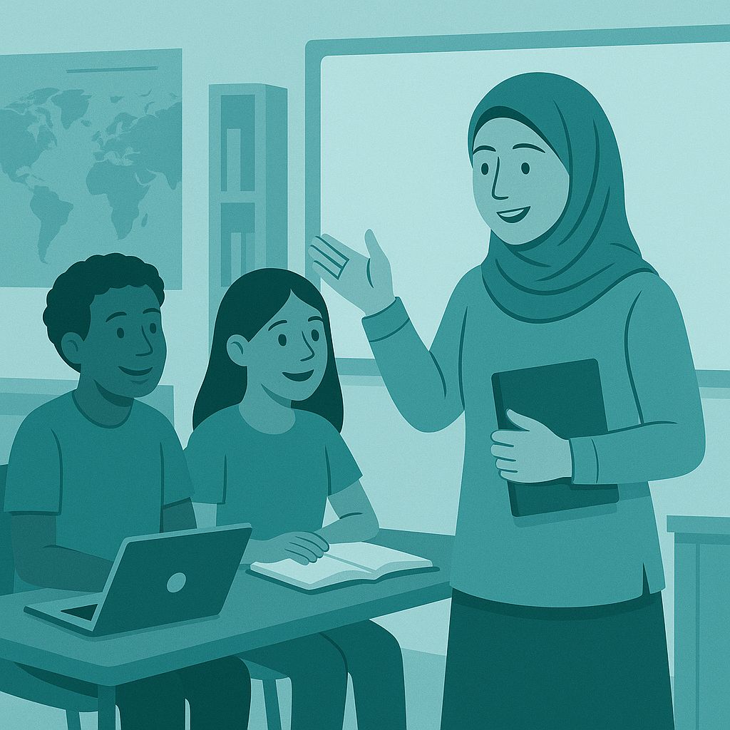 A classroom, diverse students engaged in a group activity which is lead by a teacher in a headscarf.