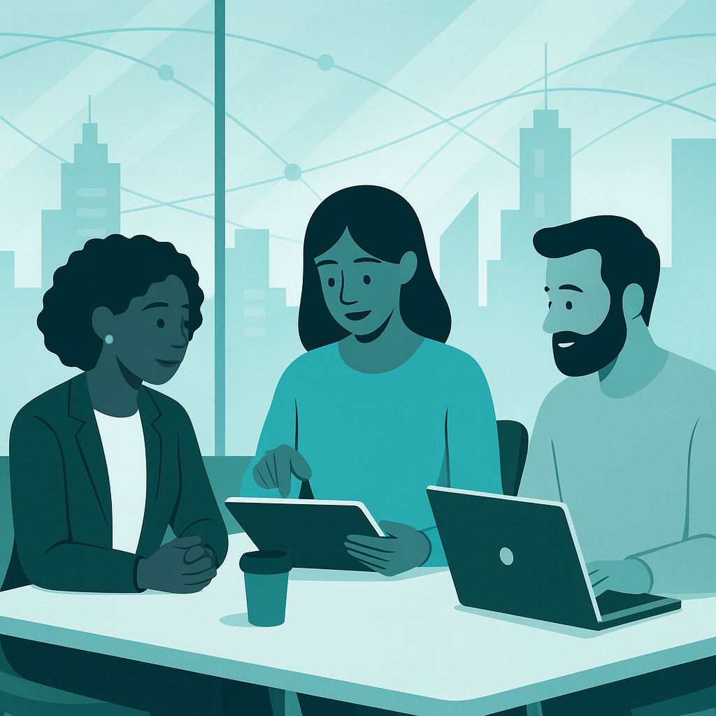 Three diverse individuals collaborate at a meeting table.